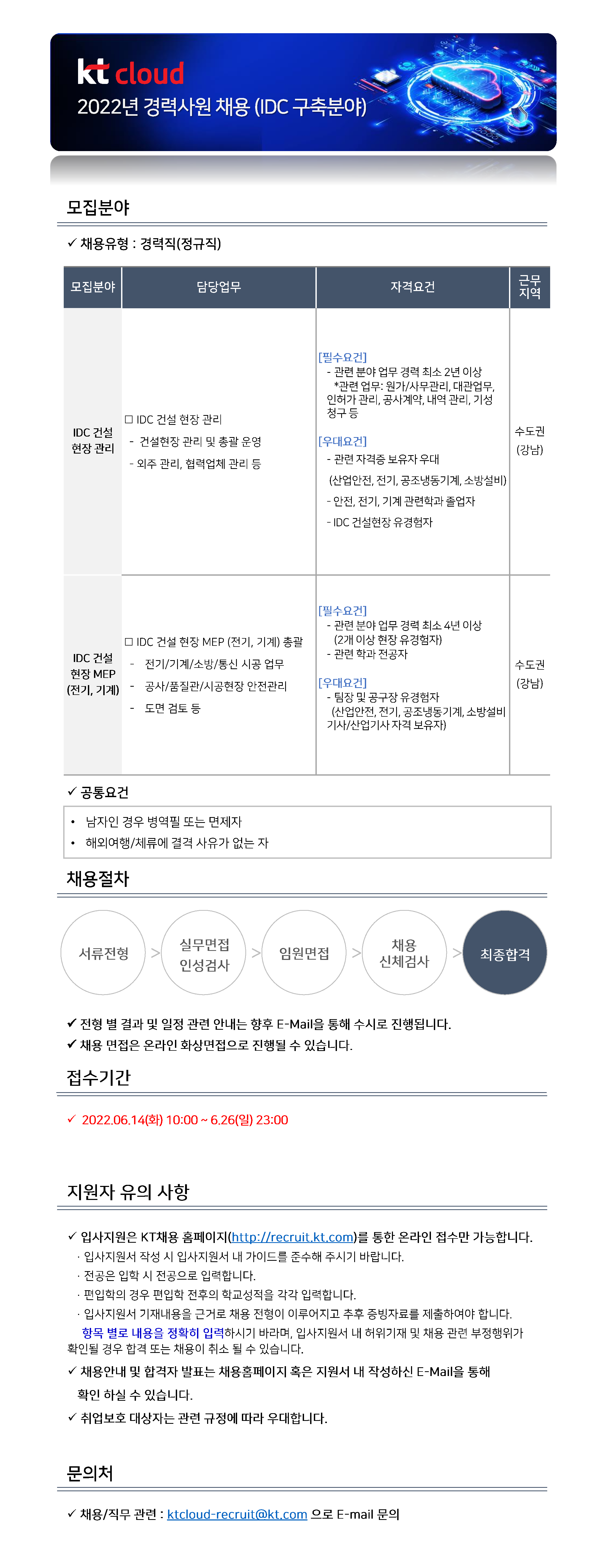 kt cloud 채용공고 - IDC 구축 분야 경력사원 채용 | 자소서 문항, 지원자 스펙 분석까지